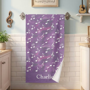 Personalized Watercolor Purple Music Note Beach Towel