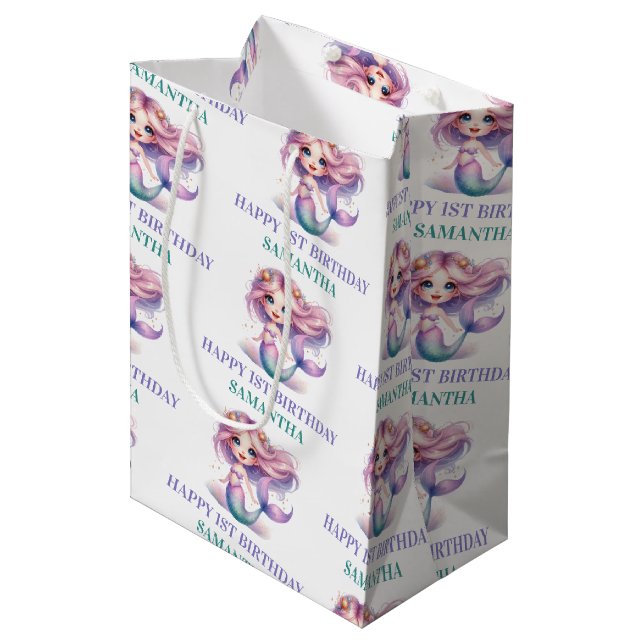 Personalized watercolor purple teal mermaid medium gift bag (Front Angled)