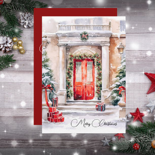 Personalized Watercolor Red Doors Christmas Card