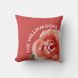 Personalized Watercolor Red Rose Floral Throw Pillow