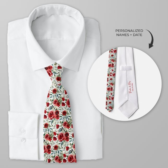 Personalized Watercolor Red Roses Tie (Personalized red roses wedding party neck tie)
