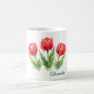 Personalized Watercolor Red Tulips Coffee Mug