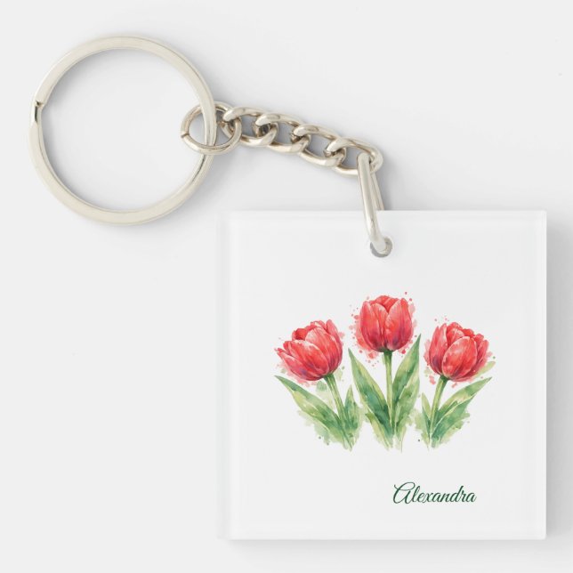 Personalized Watercolor Red Tulips Keychain (Front)