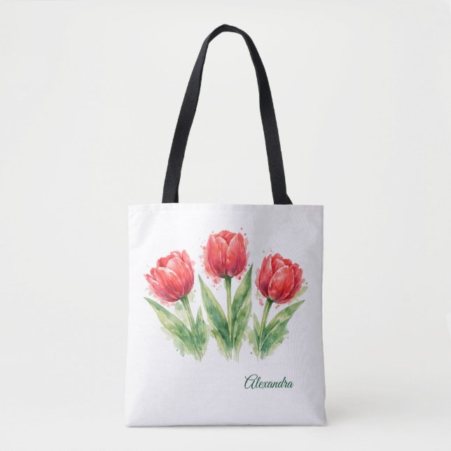 Personalized Watercolor Red Tulips Tote Bag (Devant)
