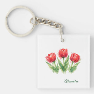 Personalized Watercolor Red Tulips Tote Bag Keychain