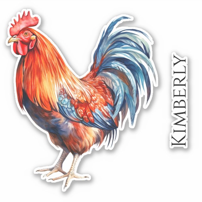 Personalized Watercolor Rooster Sticker (Front)