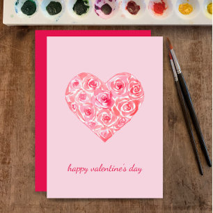 Personalized Watercolor Rose Heart Valentine's Day Holiday Card