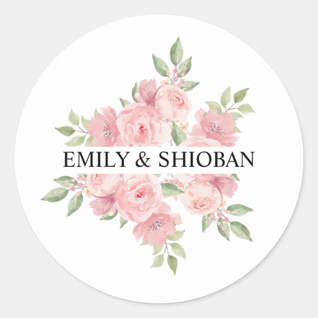 Personalized Watercolor Roses Classic Round Sticker (Front)