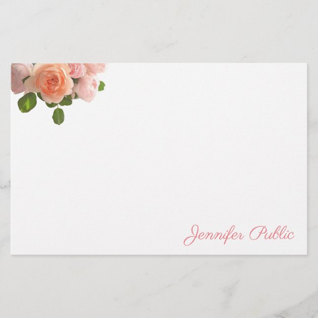 Personalized Watercolor Roses Elegant Hand Script Stationery (Front)