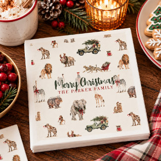 Personalized Watercolor Safari Christmas Animals Napkin