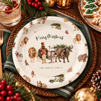 Personalized Watercolor Safari Christmas Animals Paper Plate
