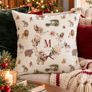 Personalized Watercolor Safari Christmas Monogram Throw Pillow