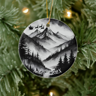 Personalized Watercolor Santa over Mountains Ceramic Ornament