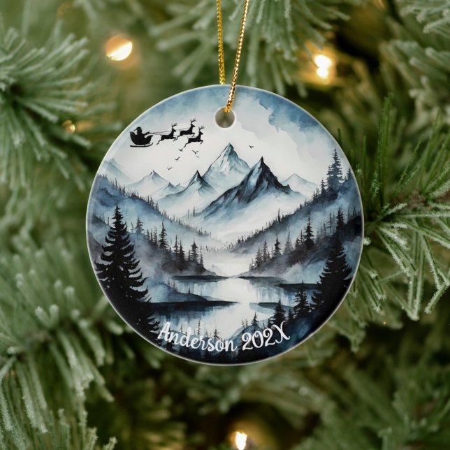 Personalized Watercolor Santa over Mountains Ceramic Ornament (Tree)