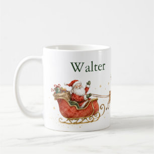 Personalized Watercolor Santa Sleigh Reindeer Coffee Mug