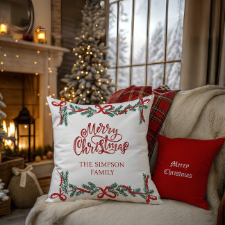 Personalized Watercolor Script Christmas Greenery Throw Pillow