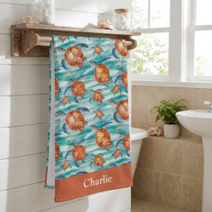 Personalized Watercolor Sea Turtle Beach Towel
