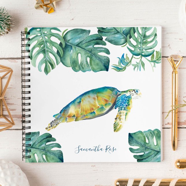 Personalized Watercolor Sea Turtle Journal (Cute notebooks personalized watercolor sea turtle and palm leaves by Victoria Grigaliunas)