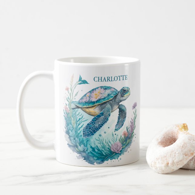 Personalized Watercolor Sea Turtle Marine Animal Coffee Mug (With Donut)