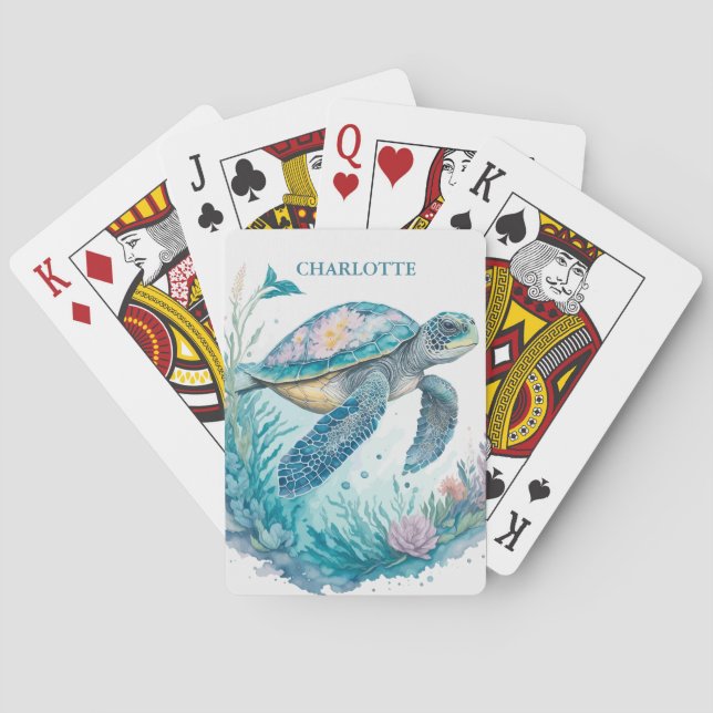 Personalized Watercolor Sea Turtle Marine Animal Playing Cards (Back)