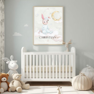 Personalized Watercolor Sleepy Bunny Nursery Art - Poster
