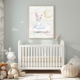 Personalized Watercolor Sleepy Bunny Nursery Art - Poster