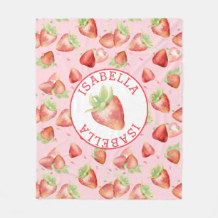 Personalized Watercolor Strawberry Name Fleece Blanket