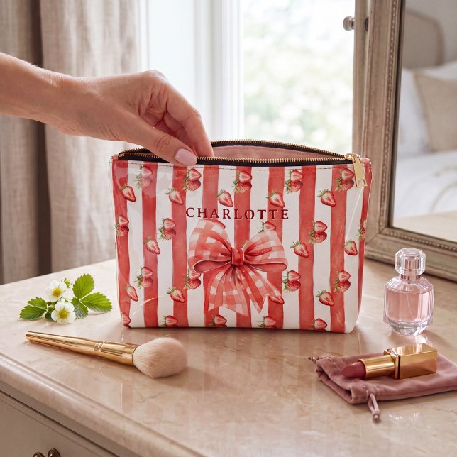 Personalized watercolor Strawberry Red Stripe  Accessory Pouch (Creator Uploaded)