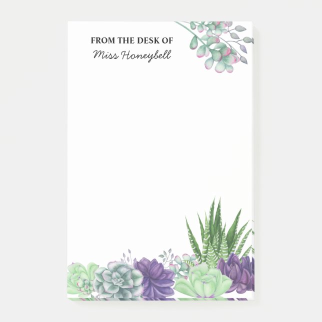 Personalized Watercolor Succulent Plant Post-it Notes (Front)