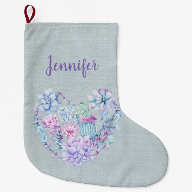 Personalized Watercolor Succulents Heart Large Christmas Stocking (Front)