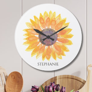 Personalized Watercolor Sunflower Large Clock