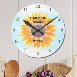 Personalized Watercolor Sunflower Round Clock<br><div class="desc">This floral walk clock is decorated with a watercolor yellow sunflower and blue sky background. Makes a perfect housewarming gift. Easily customizable. Use the Design Tool to change the text size, style, or colour. As we create our artwork you won't find this exact image from other designers. Original Watercolor ©...</div>