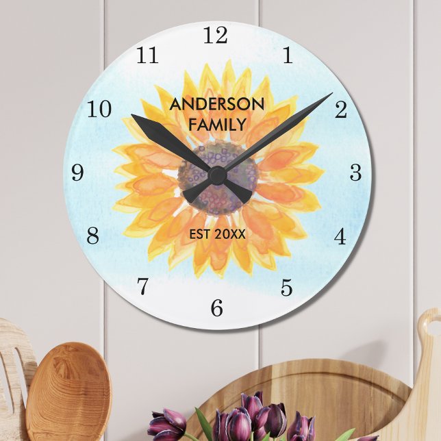 Personalized Watercolor Sunflower Round Clock (Creator Uploaded)