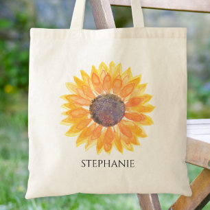 Personalized Watercolor Sunflower Tote Bag