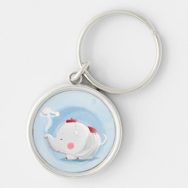 Personalized Watercolor Teacup Elephant Keychain (Front)