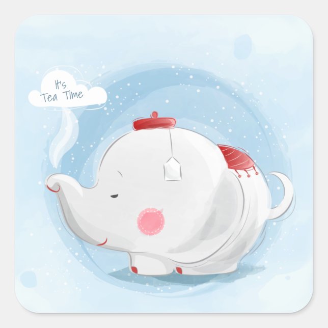 Personalized Watercolor Teacup Elephant Square Sticker (Front)