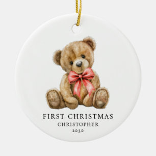 Personalized Watercolor Teddy Bear Baby First Chri Ceramic Ornament