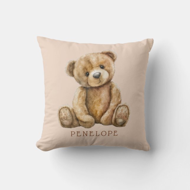 Personalized Watercolor Teddy Bear Nursery Throw Pillow (Front)