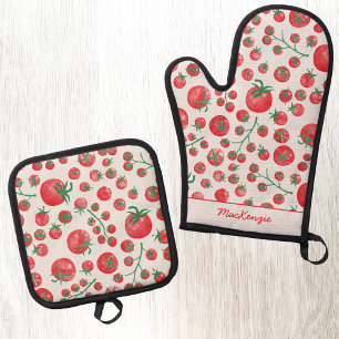 Personalized Watercolor Tomato Pattern Oven Mitt & Pot Holder Set