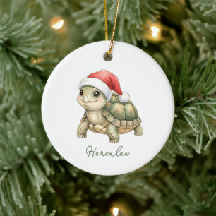 Personalized Watercolor Tortoise Wearing Santa Hat Ceramic Ornament