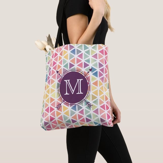Personalized Watercolor Triangle Pattern Tote Bag (Close Up)