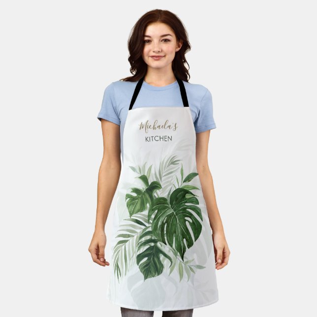 Personalized Watercolor Tropical Leaves Greenery Apron (Worn)
