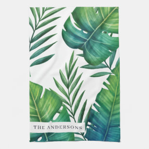 Personalized Watercolor Tropical Leaves Kitchen Towel