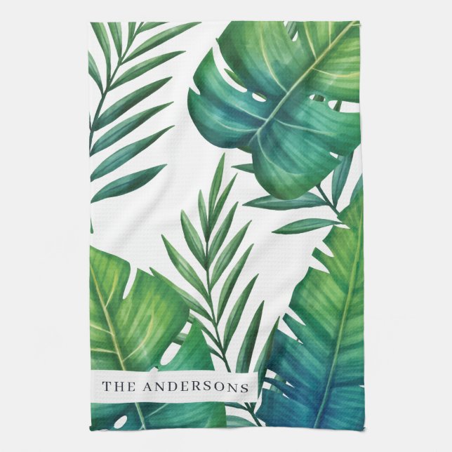 Personalized Watercolor Tropical Leaves Kitchen Towel (Vertical)