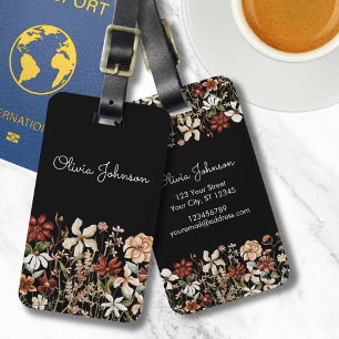Personalized Watercolor Vintage Wildflower Black Luggage Tag