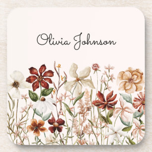 Personalized Watercolor Vintage Wildflower Floral Coaster