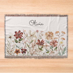 Personalized Watercolor Vintage Wildflower Floral Throw Blanket