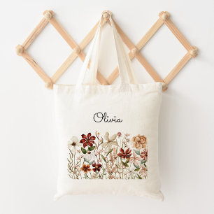 Personalized Watercolor Vintage Wildflower Floral Tote Bag