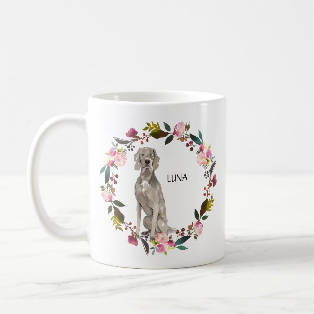 Personalized Watercolor Weimaraner Rose Wreath Coffee Mug (Left)