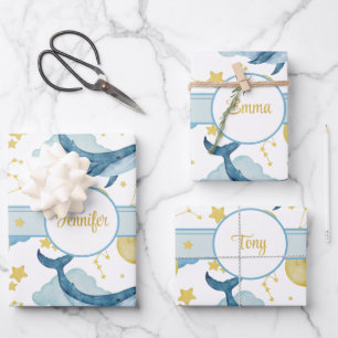 Personalized Watercolor Whales Kids Names Wrapping Paper Sheet